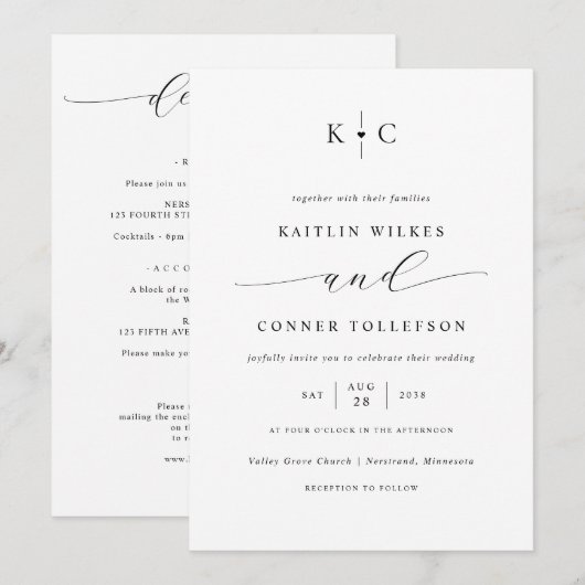 Minimalistische Eenvoudige Hart Monogram Romantisc Kaart (Voorkant / Achterkant)