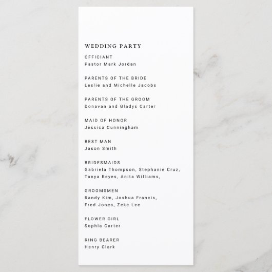 Minimalistische eenvoudige moderne bruiloft ceremo programmakaart (Achterkant)