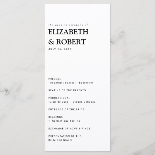 Minimalistische eenvoudige moderne bruiloft ceremo programmakaart (Voorkant)