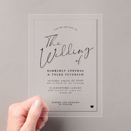 Minimalistische eenvoudige moderne script bruiloft acryl uitnodigingen (Insitu (Draagbaar))
