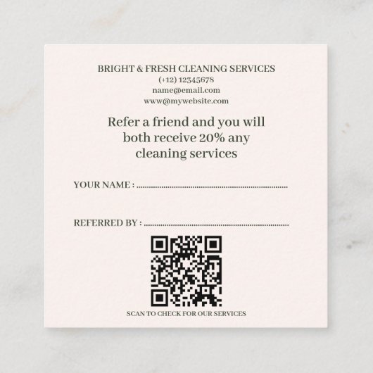 Minimalistische eenvoudige schoonmaakdiensten voor aanbevelingskaartje (Achterkant)