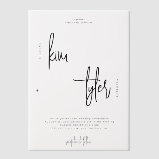 Minimalistische eenvoudige script overlay bruiloft vellum uitnodigingen (Voorkant)