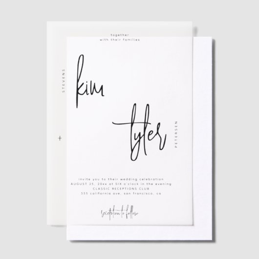 Minimalistische eenvoudige script overlay bruiloft vellum uitnodigingen (Offset)