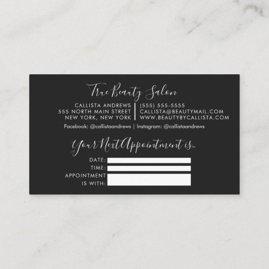 Minimalistische Eenvoudige Zwart Wit Script Afspra Visitekaartje (Achterkant)