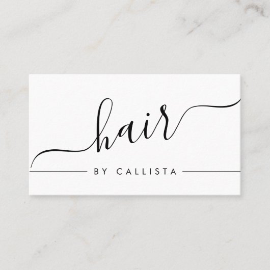 Minimalistische Eenvoudige Zwart Wit Script Hair Visitekaartje (Voorkant)