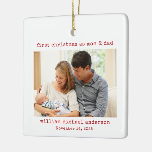 Minimalistische eerste kerst als mama & papa foto keramisch ornament (Links)
