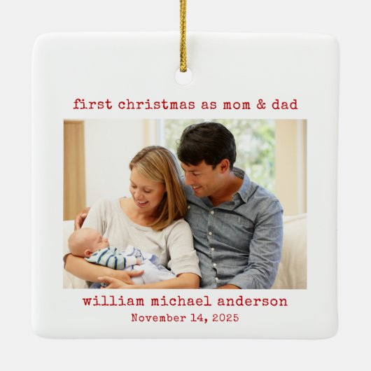 Minimalistische eerste kerst als mama & papa foto keramisch ornament (Achterkant)