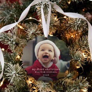 Minimalistische eerste kerstfoto van de baby ornament kaart