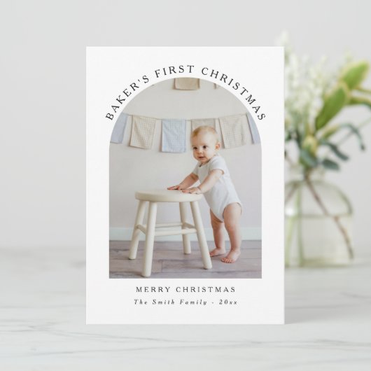 Minimalistische eerste kerstkaart met Baby-boog (Staand voorkant)
