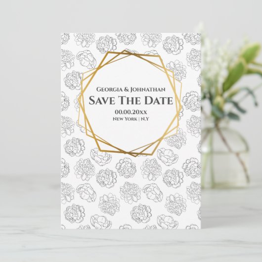 Minimalistische effen roos zwart wit goud foto save the date (Staand voorkant)