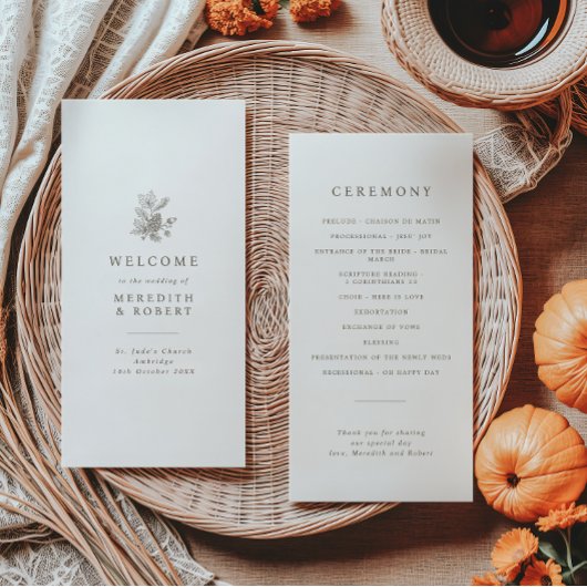 Minimalistische Eikels & Denneappel Herfst Bruilof Programmakaart