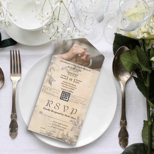 Minimalistische Elegant  Cream QR Code Foto All In One Uitnodiging