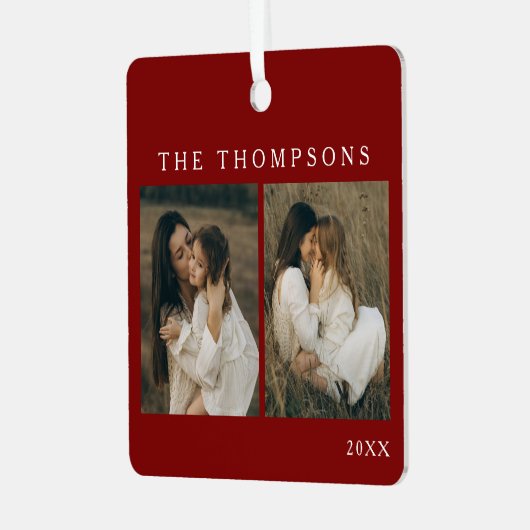 Minimalistische Elegant Eenvoudige 4 Foto Rode Ker Metalen Ornament (Voorkant links)