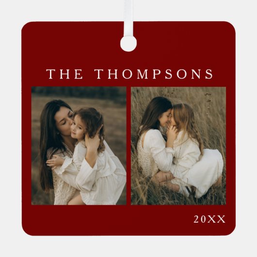 Minimalistische Elegant Eenvoudige 4 Foto Rode Ker Metalen Ornament (Voorkant)