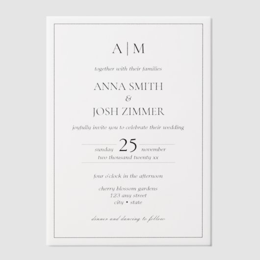 Minimalistische elegante B&W Classic Wedding Vellum Uitnodigingen (Voorkant)