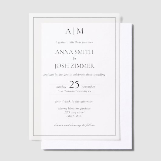 Minimalistische elegante B&W Classic Wedding Vellum Uitnodigingen (Offset)