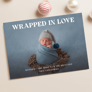 Minimalistische elegante baby's eerste kerstfoto feestdagenkaart
