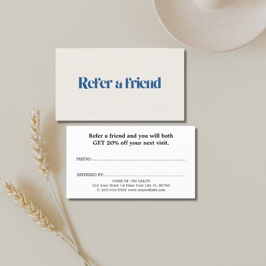 Minimalistische elegante Beige Blue Salon Aanbevelingskaartje