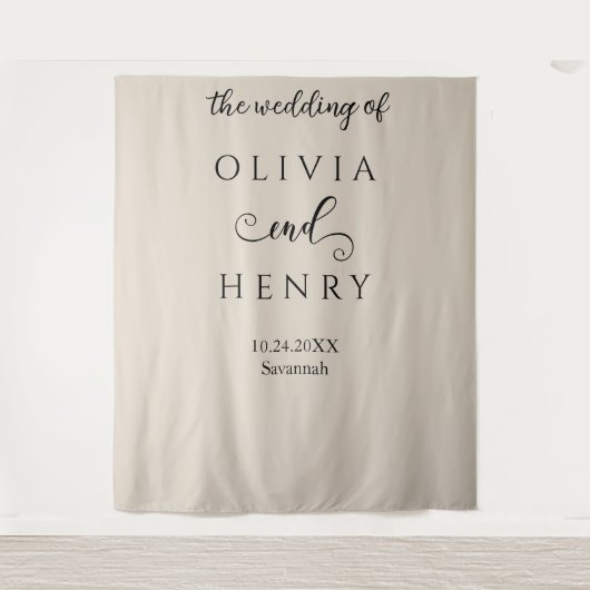 Minimalistische Elegante Beige Bruiloft Banner Wandkleed (Voorkant)