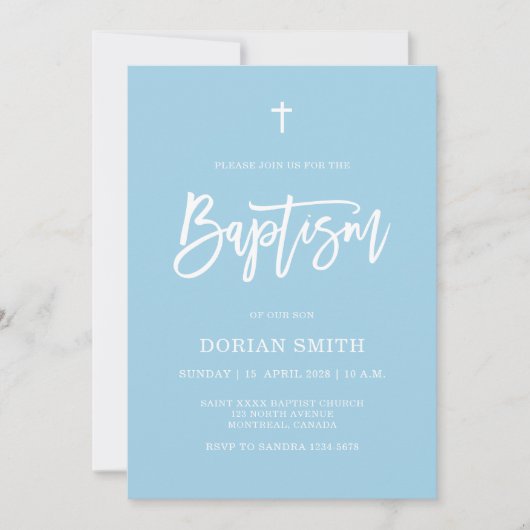 Minimalistische Elegante Blauwe Jongen Doop uitnod Kaart (Voorkant)