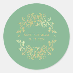 Minimalistische Elegante Bloemen Jade Groen en Gou Ronde Sticker