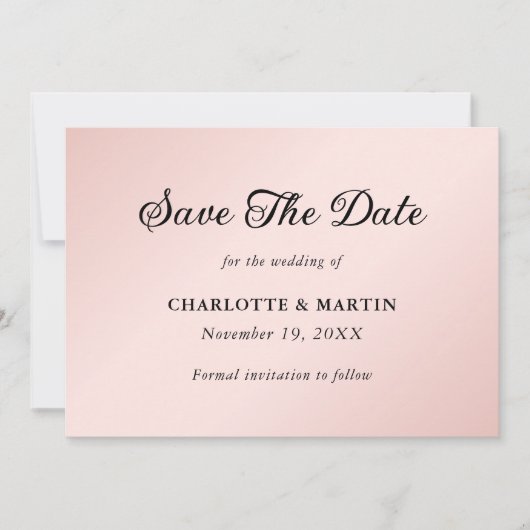 Minimalistische Elegante Blush en Zwarte Bruiloft Save The Date (Voorkant)