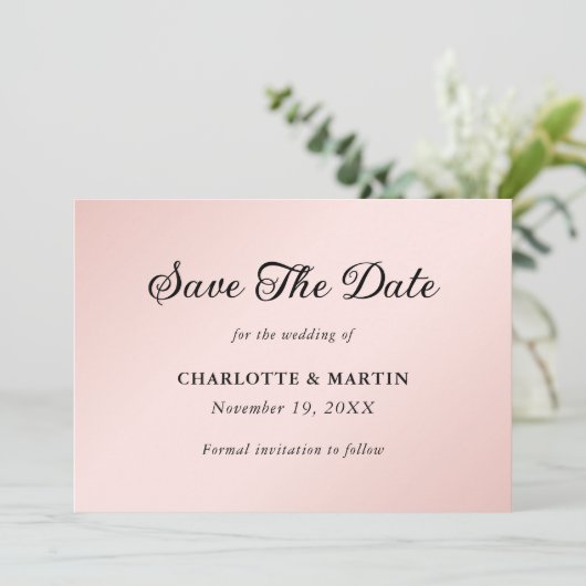 Minimalistische Elegante Blush en Zwarte Bruiloft Save The Date (Staand voorkant)