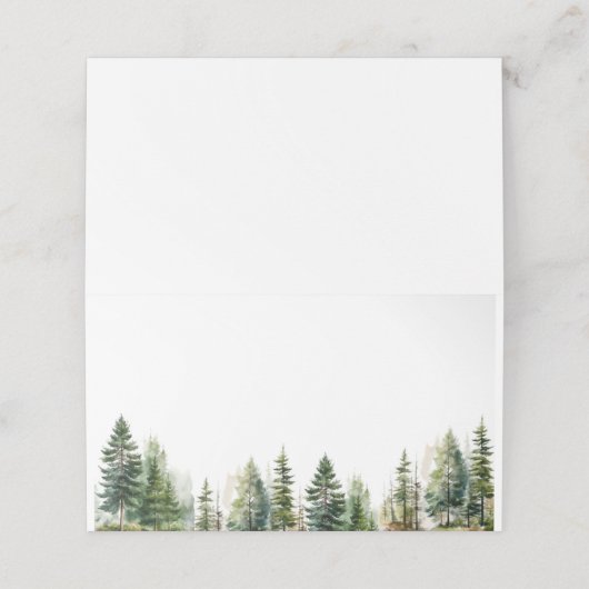 Minimalistische elegante bos pijnbomen bruiloft plaatskaartje (Buitenkant ongevouwen)