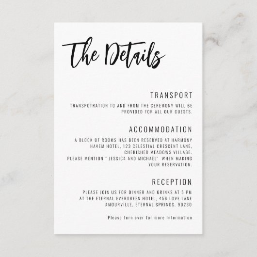 💍 Minimalistische Elegante bruiloft details Informatiekaartje (Voorkant)