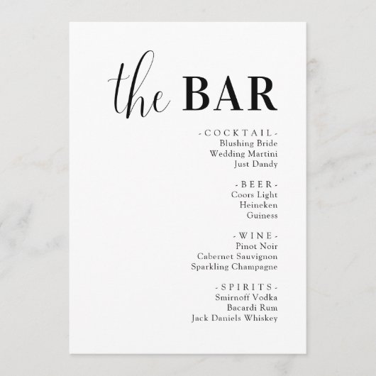 Minimalistische elegante bruiloft Drinken Bar Menu (Voorkant)