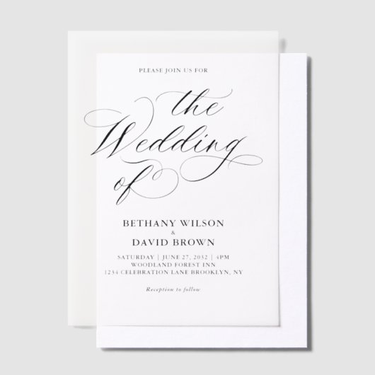 Minimalistische Elegante Calligrafie Bruiloft Vellum Uitnodigingen (Offset)