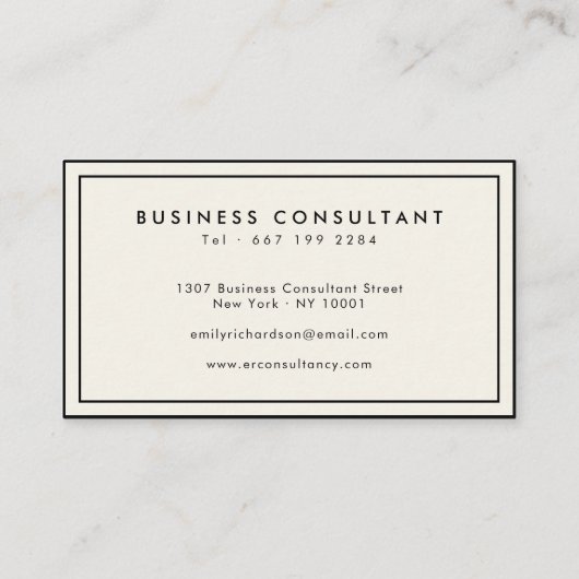 Minimalistische elegante crème en zwarte professio visitekaartje (Achterkant)