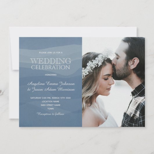 Minimalistische Elegante Dusty Blauwe Fotobruiloft Kaart (Voorkant)