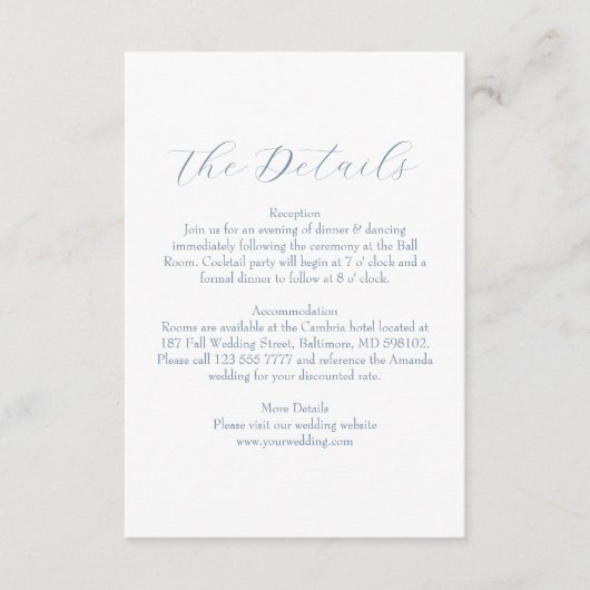 Minimalistische Elegante Dusty Blue Wedding Detail Informatiekaartje (Voorkant)