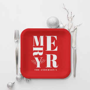 Minimalistische Elegante Felrode Vrolijke Kerstmis Papieren Bordje