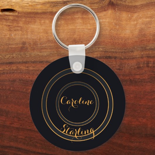 Minimalistische Elegante Gouden Lettering Zwart Sleutelhanger (Achterkant)