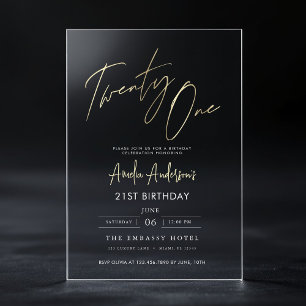 Minimalistische Elegante Gouden Script 21e Verjaar Acryl Uitnodigingen