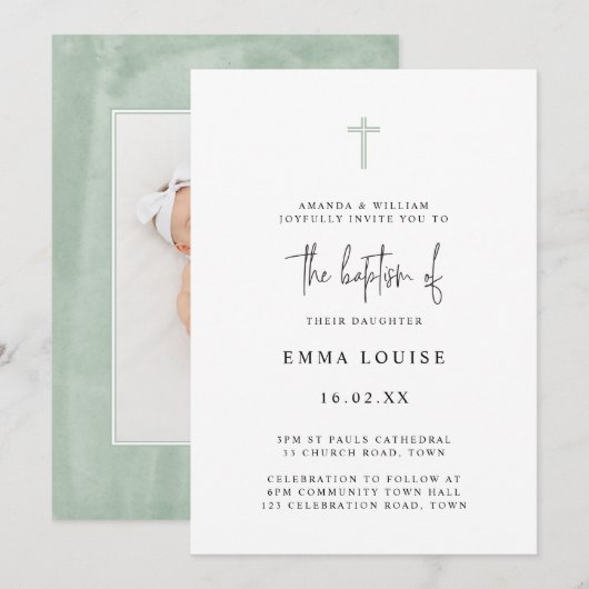 Minimalistische Elegante Groene Aquarel Foto Doop Kaart (Voorkant / Achterkant)