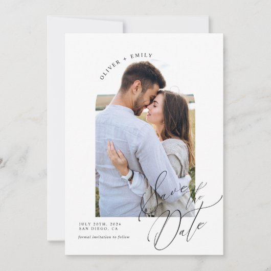 Minimalistische Elegante Kalligrafie Foto Save the Kaart (Voorkant)