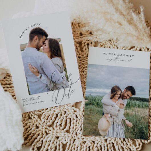 Minimalistische Elegante Kalligrafie Foto Save the Kaart