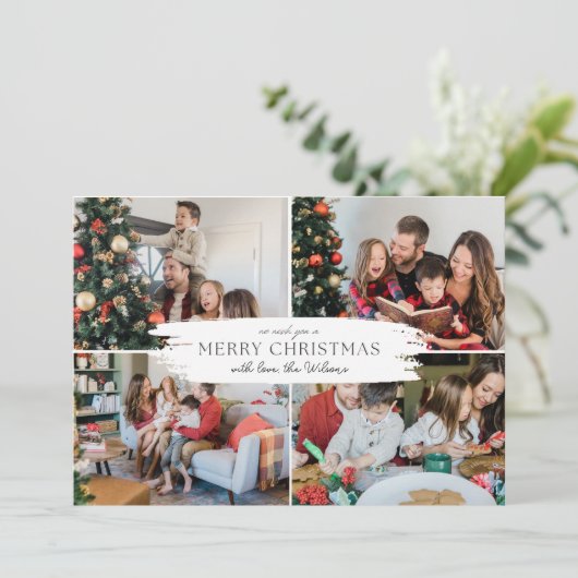 Minimalistische Elegante Kerst Eenvoudige 4 Foto Feestdagenkaart (Staand voorkant)