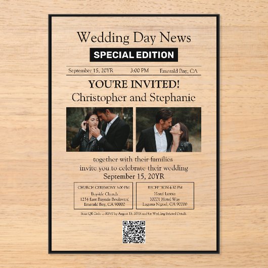 Minimalistische elegante  krant bruiloft acryl uitnodigingen (Voorkant)