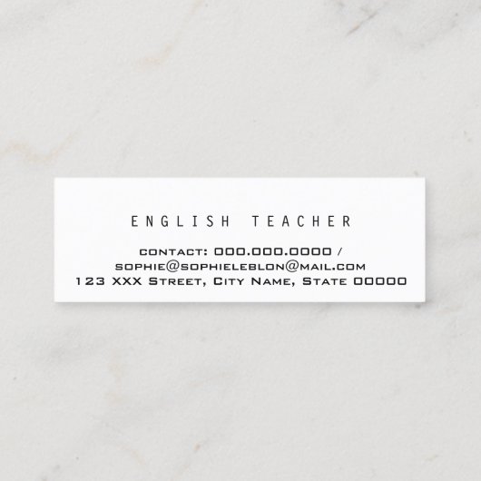 Minimalistische elegante leraar Engels Mini Visitekaartje (Achterkant)