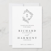 Minimalistische Elegante Monogram Bladkrans Bruilo Save The Date (Voorkant)
