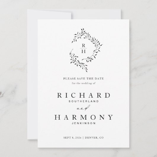 Minimalistische Elegante Monogram Bladkrans Bruilo Save The Date (Voorkant)