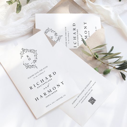 Minimalistische Elegante Monogram Bladkrans Bruilo Save The Date