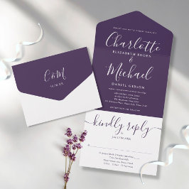 Minimalistische Elegante Paarse Script Trouw All In One Uitnodiging