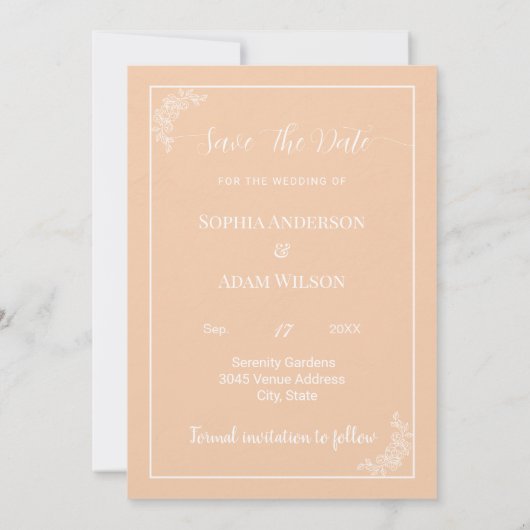 Minimalistische elegante perzikkleur Bewaar de dat Save The Date (Achterkant)