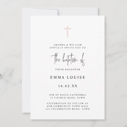 Minimalistische Elegante Roze Aquarel Foto Doop Kaart (Voorkant)