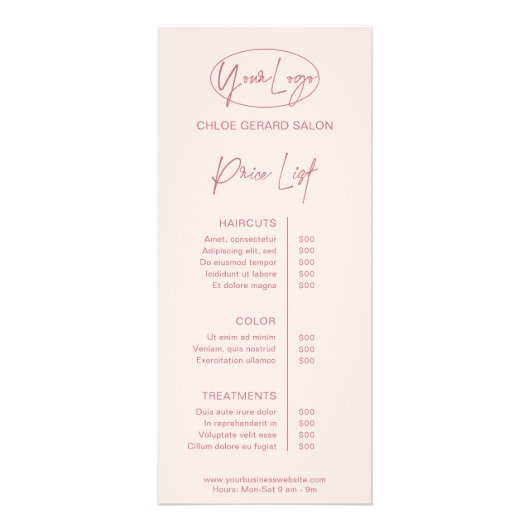 Minimalistische Elegante Roze Moderne Prijslijst Reclamekaart (Voorkant)